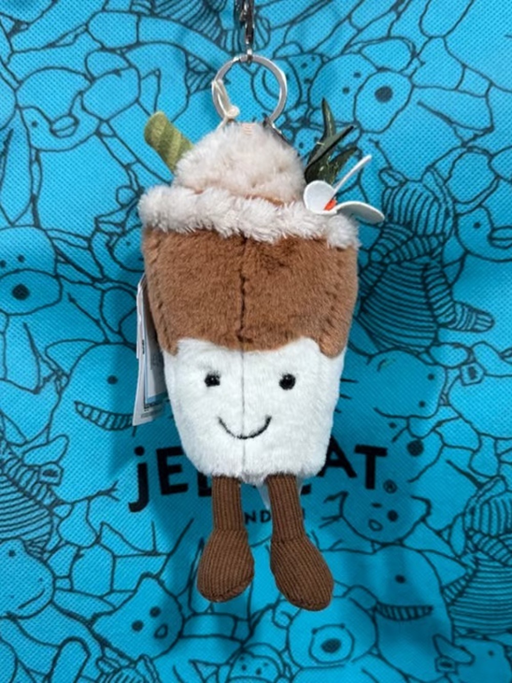 Jellycat Brown & White Plush Drink Keychain with Smiley Face